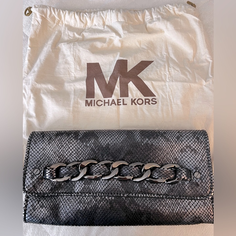 MK Michael Kors gunmetal snake embossed clutch